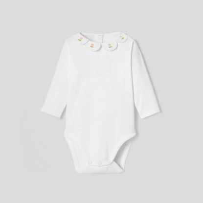 Baby girl bodysuit with petal collar